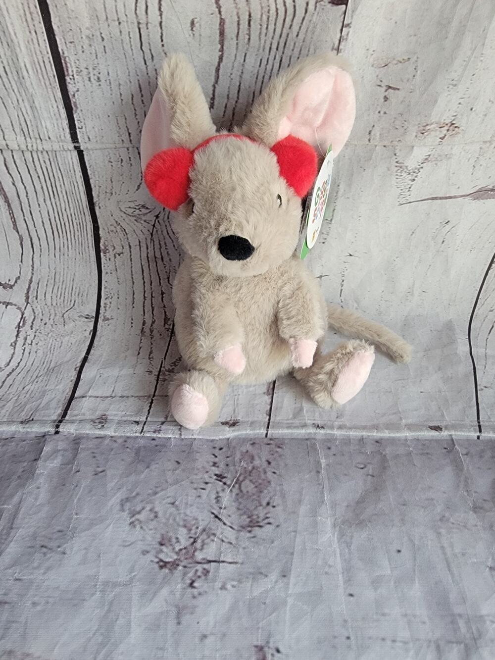 Giggle Scape Holiday Mouse 7" Beige Beanbag Plush Red Ear Muffs NWT